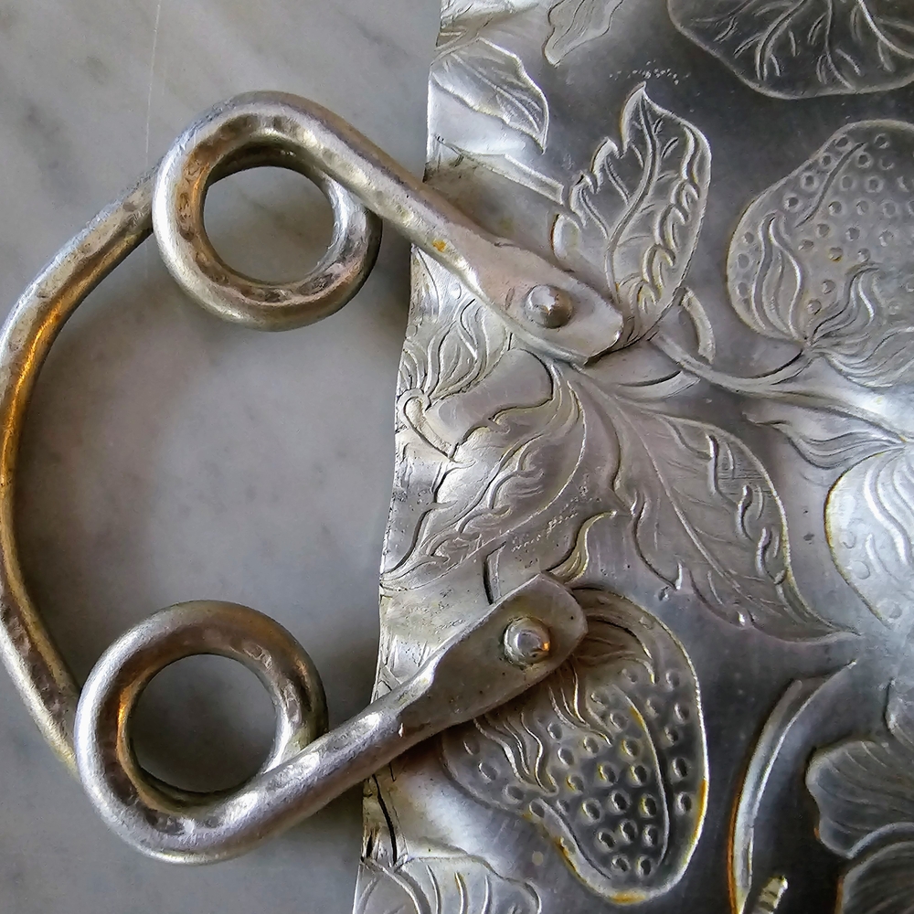 Hammered Aluminum Rectangular Serving Tray with Handles and Floral Design - Picture 7 of 8